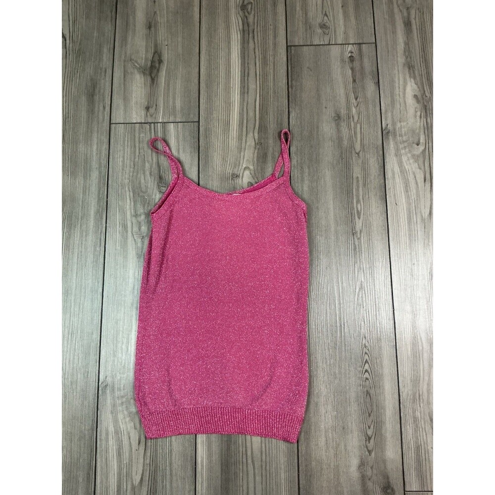 Y2K Pink Glitter Metallic Sparkle Cami Tank Top Knit Ribbed Hem Party